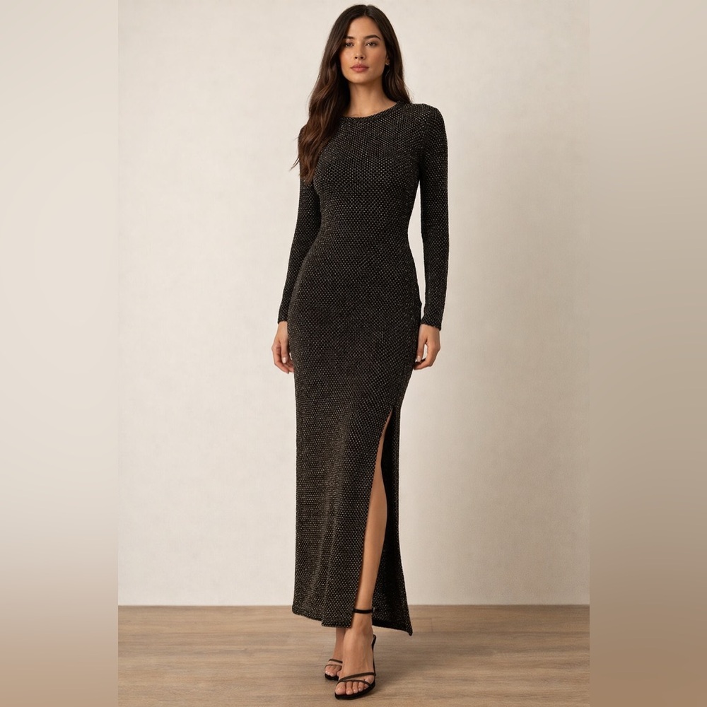 Zara Long Sleeve Black and Gold Maxi Dress